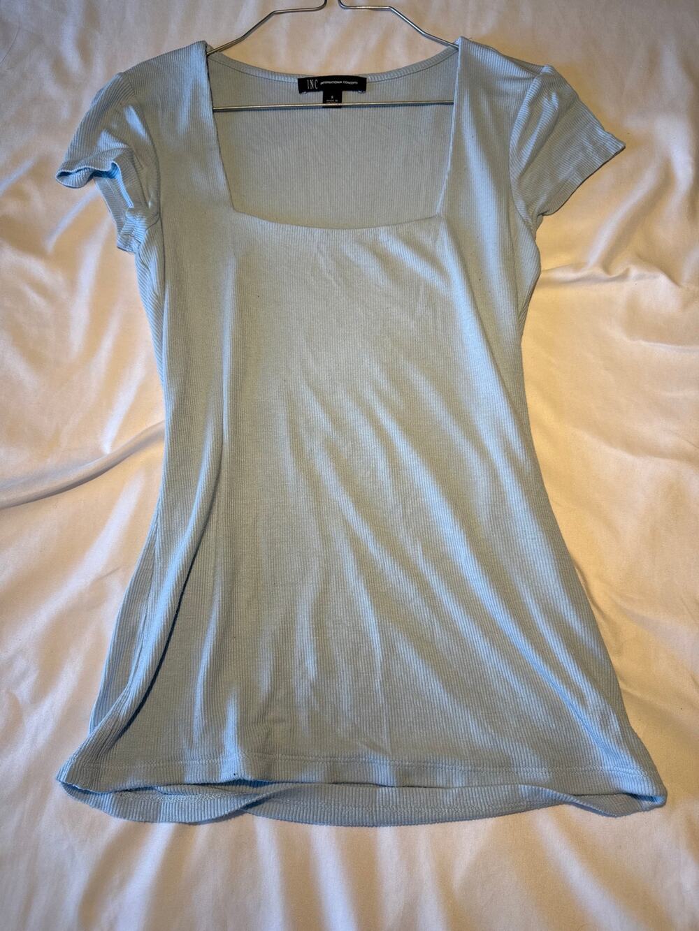 INC International Concepts Womens Small Light Blue Ribbed Square Neck Top Shirt